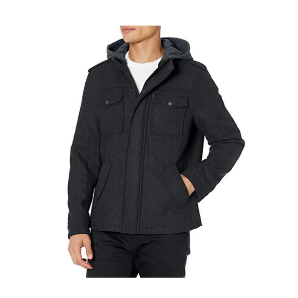 NWT Levi's Men's Wool Blend Hooded Military Jacket Charcoal Size M $200 O184 - Picture 4 of 6